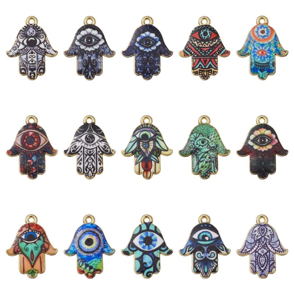 7421 15 Styles Jewish Hand Charms - Flower Printed Hand of Fatima and Boho